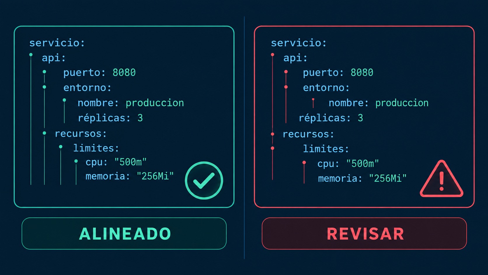 Comparación de sangría alineada y desalineada en YAML