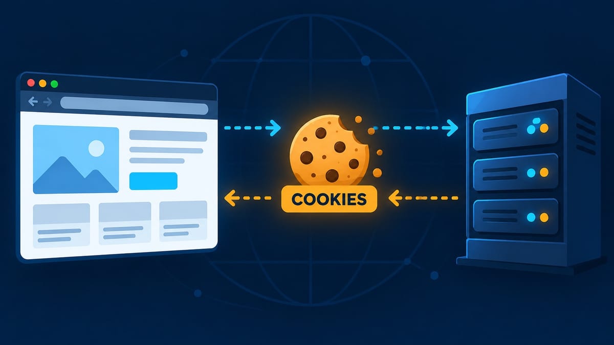 Navegador y servidor intercambian una cookie en una ilustración editorial