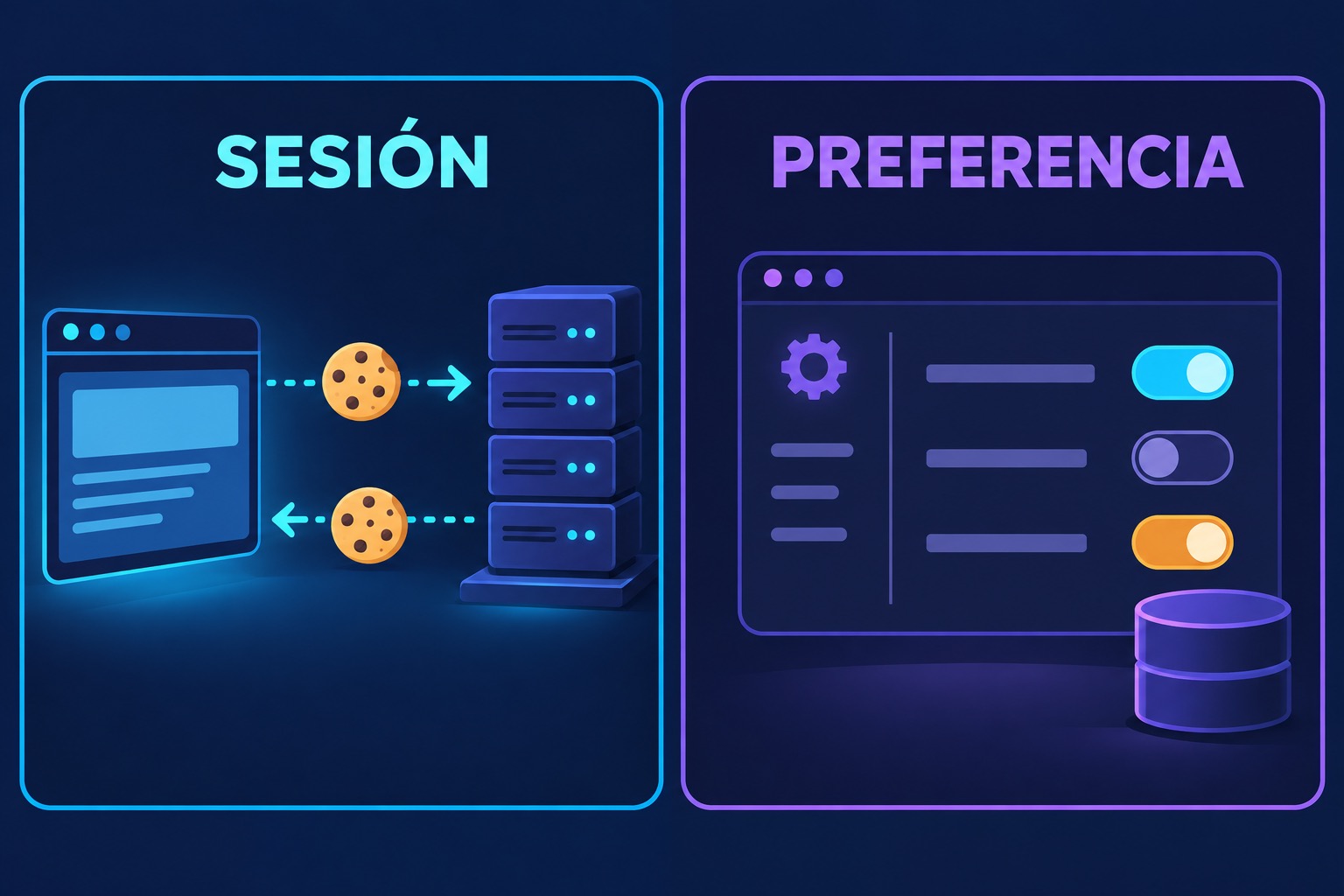 Comparación visual entre una cookie de sesión y una preferencia del navegador