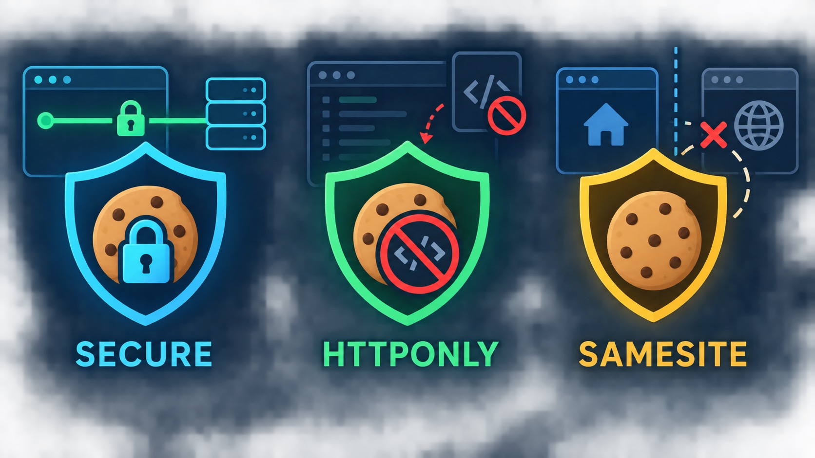 Tres controles de seguridad para cookies representados con escudos