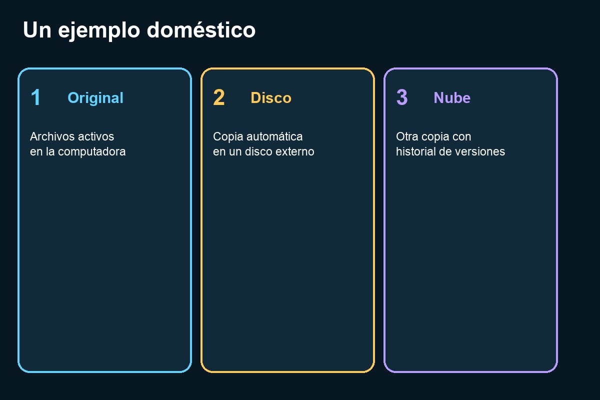 Ejemplo de respaldo con computadora, disco externo y nube