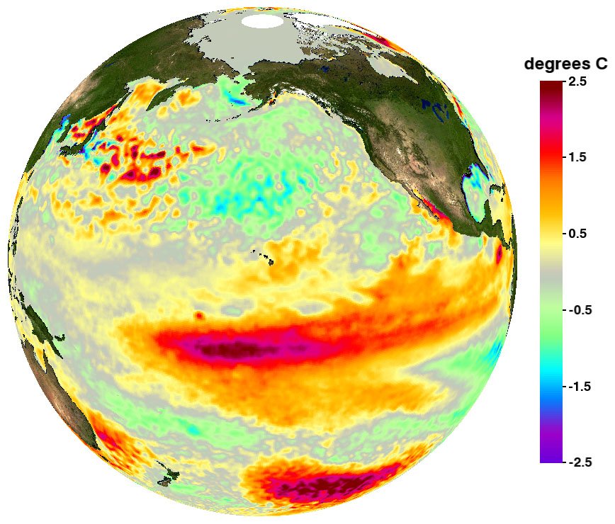 Mapa de anomalías de temperatura del agua en el océano Pacífico