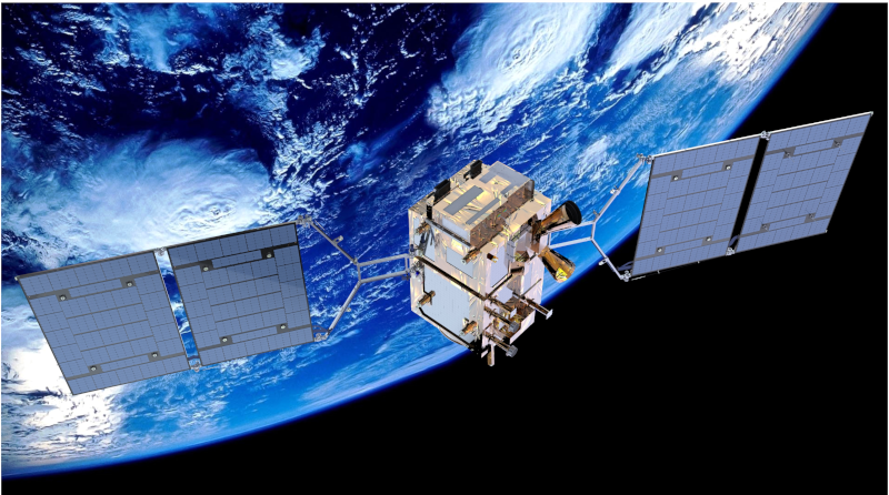 Representación artística del satélite SABIA-Mar con paneles desplegados