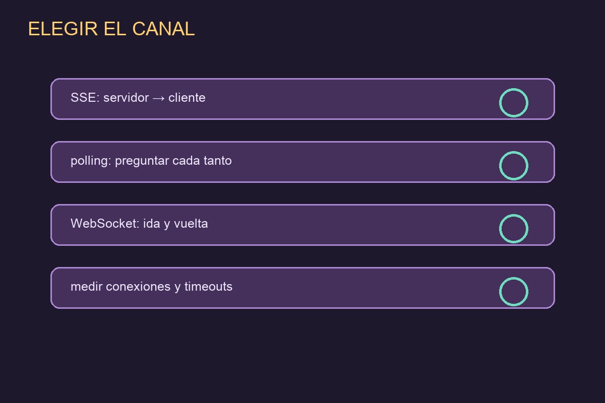 Comparación entre SSE, polling y WebSocket según dirección de mensajes