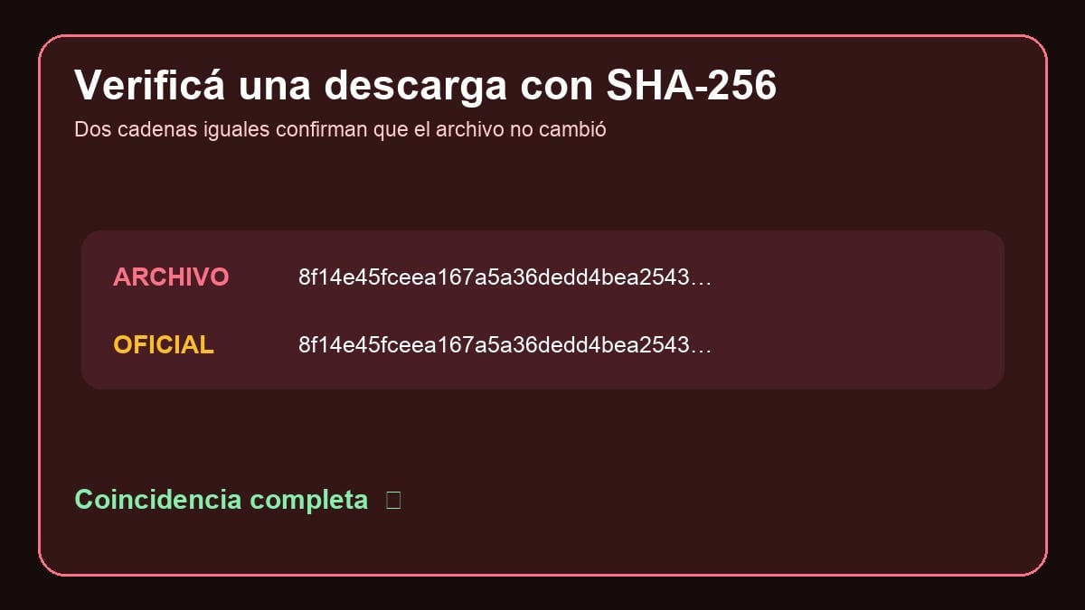 Archivo descargado comparado con una cadena SHA-256 oficial
