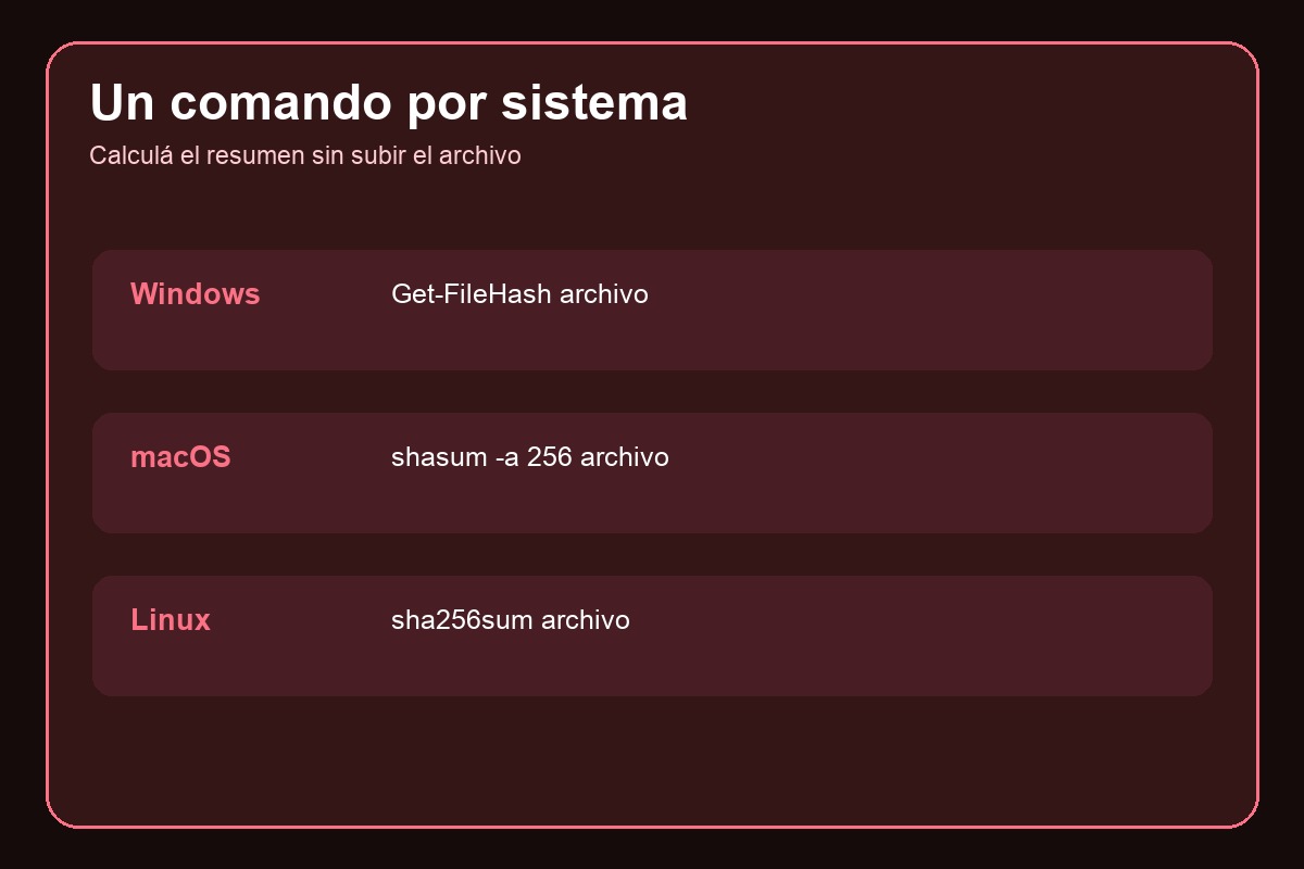 Comandos para calcular SHA-256 en Windows macOS y Linux