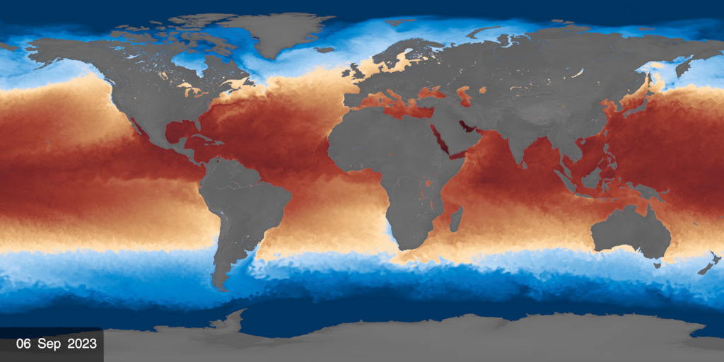 Visualización satelital global de temperatura superficial del mar