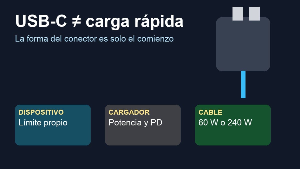 Cable USB-C conectado a un cargador con indicadores de potencia