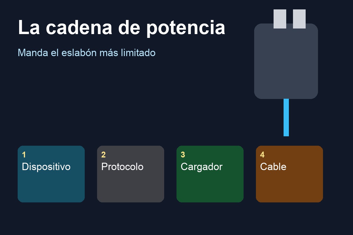 Cadena de cuatro elementos que determinan la carga rápida USB-C